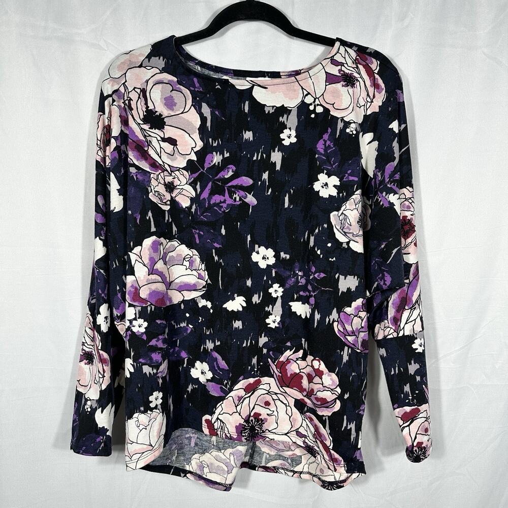 LuLaRoe Womens Floral Long Sleeve Top Purple Pink Black Size Medium Pullover